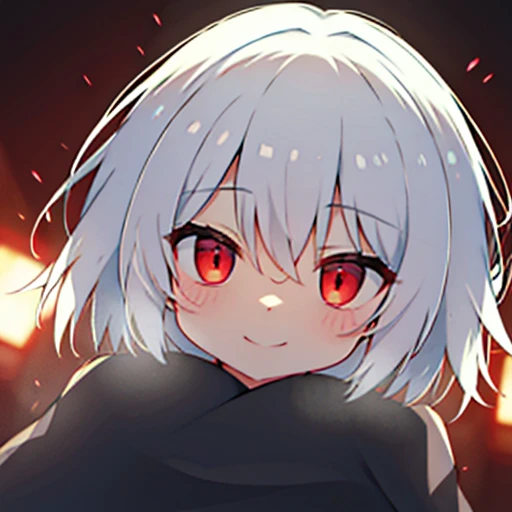 close distance、High Angle、White haired anime boy looking at the camera、A devastating smile、Big black blanket、Shadow Body、Red glowing eyes、Pure white background