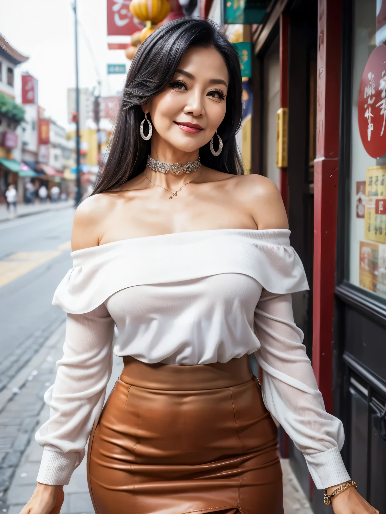 75 years old Mom MILF Chinese Lady large earring Big choker navel piercing decoration A bracelet Silver Hair realisitic Gorgeous Madame Beautiful Mature Woman sexy Smile Gentle woman navel piercing 4K High quality Chinatown Short sleeve Shoulder bag girdle Gorgeous Madame Beautiful Mature Woman