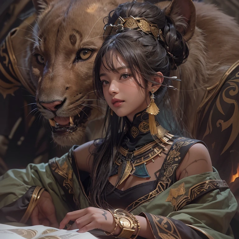 Hiding in the desert、Hair flow、 ((highest quality、masterpiece、8k、Best image quality、Ultra-high resolution、Award-winning works)、(Accurate anatomy:1.1)、(Look at me and smile:1.1)、Shining fair skin with Ultra-high resolution、The most detailed face、Ultra-high resolution detailed face、Ultra-high resolutionの髪の毛、(Ultra-high resolutionの煌めく瞳:1.1)、Beautiful face drawn in every detail、(Blurred Background:1.1)、Ancient Islamic clothing, Chest to chest, tattoo, Old ruins in the background、Sitting black panther