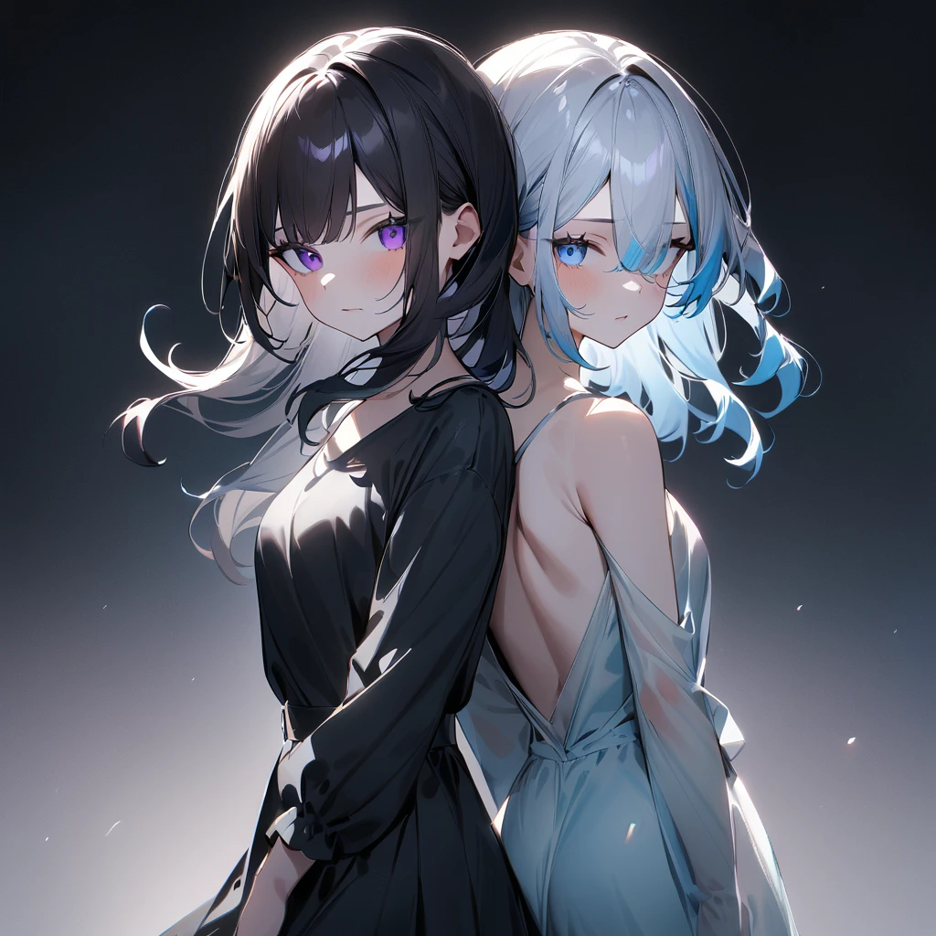 {{2girls}},masterpiece,best quality,very aesthetic,absurdres,cowboy shot,light color,dark color,light hair,dark hair,White hair,light blue hair,light blue eyes,Lovely,translucent hair,dark purple eyes,headless,(black hair,one eyes),back to back,asymmetry,Wide open back