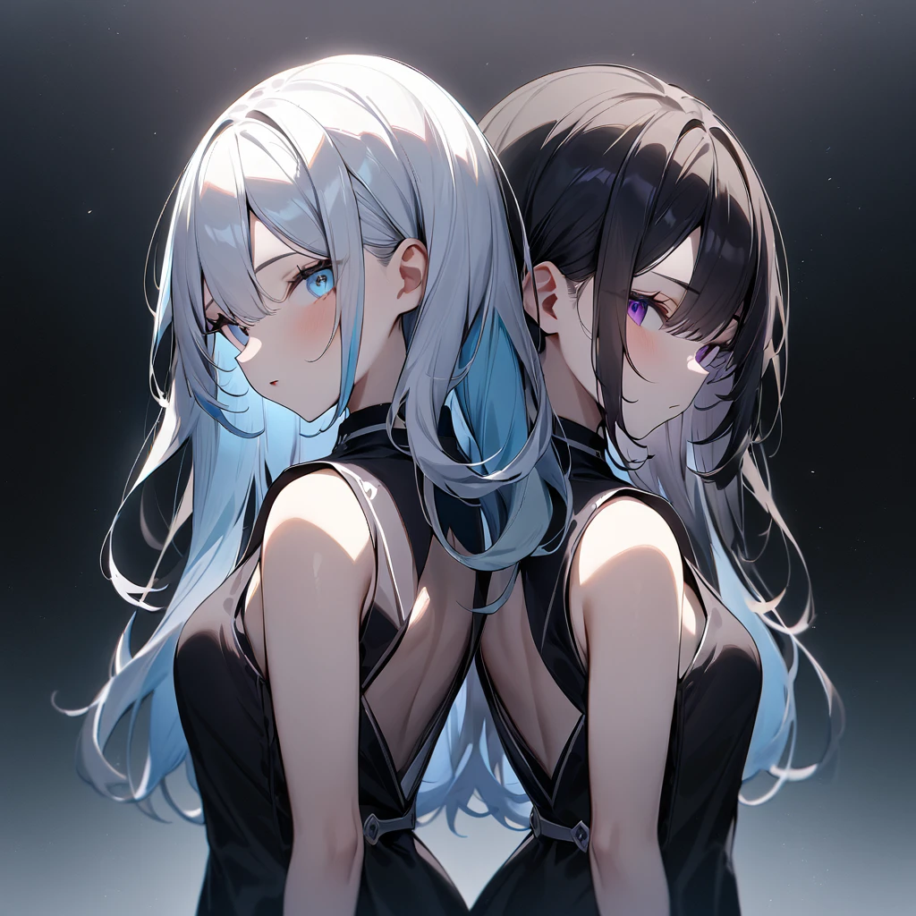 {{2girls}},masterpiece,best quality,very aesthetic,absurdres,cowboy shot,light color,dark color,light hair,dark hair,White hair,light blue hair,light blue eyes,Lovely,translucent hair,dark purple eyes,headless,(black hair,one eyes),back to back,asymmetry,Wide open back
