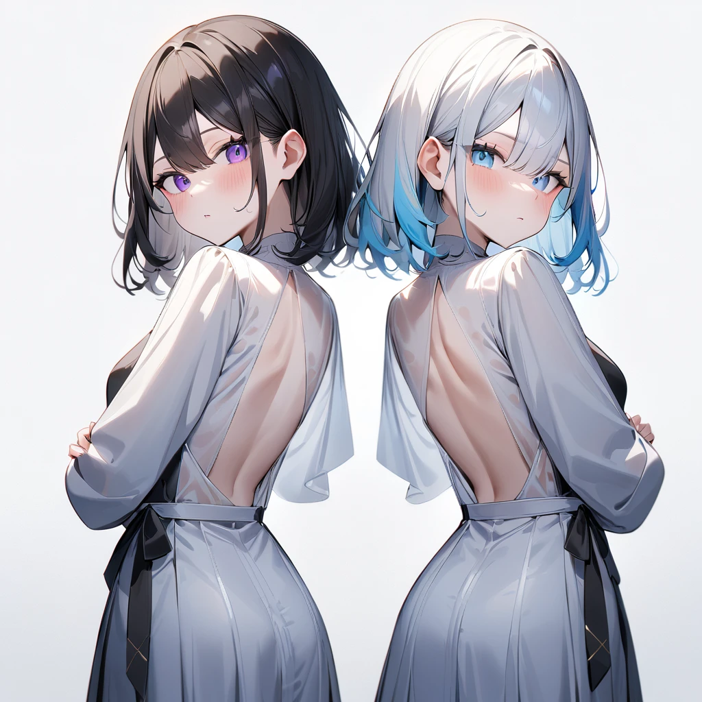 {{2girls}},masterpiece,best quality,very aesthetic,absurdres,cowboy shot,light color,dark color,light hair,dark hair,White hair,light  blue hair,light  blue eyes,Lovely,translucent hair,dark purple eyes,headless,(black hair,one eyes),back to back,asymmetry,Wide open back