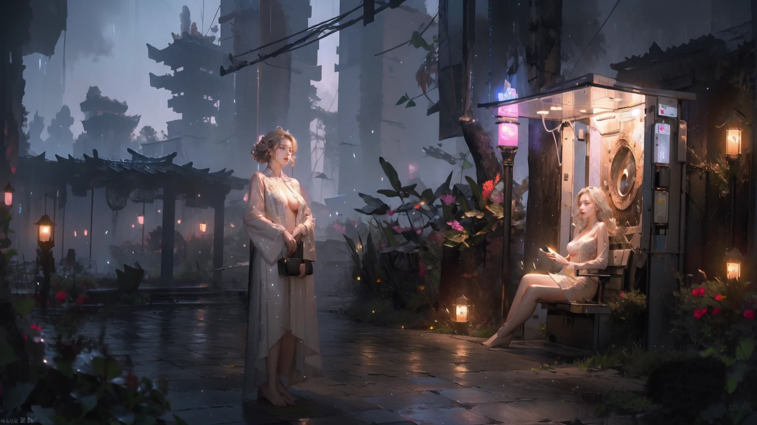 (Rainy Night:2.0),(skirt:1.9),Not written,Ethereal Background,Mysterious atmosphere,RAW photos,16K,drama灯光,Colorful,high quality,Precise focus,4D Cinema,drama,Surreal illustration,Super detailed,absurd,Complex Mode, atmosphere,Ultra-high resolution, (Realistically:1.4),(Fractal Art:1.3),(Breasts naturally droop outwards),(Large Breasts),(Silver Hair),,A woman,Neon,drizzle,bus stop,Flash