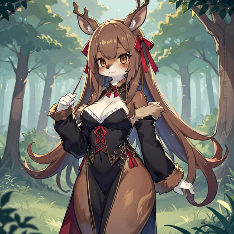 Deer girl furry brown fluffy long hair deer ears red ribbon in hair deer tail Hairy skin cute beautiful best image quality highest quality very delicate mysterious in the forest