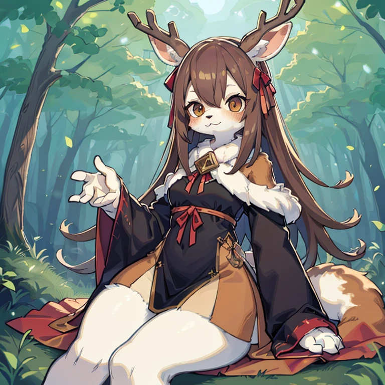 Deer girl furry brown fluffy long hair deer ears red ribbon in hair deer tail Hairy skin cute beautiful best image quality highest quality very delicate mysterious in the forest