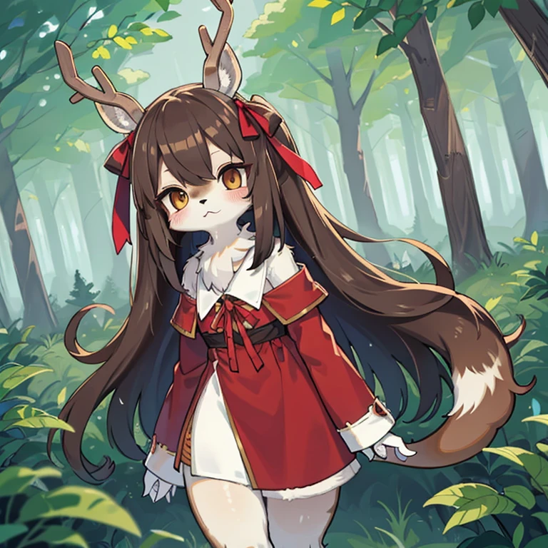Deer girl furry brown fluffy long hair deer ears red ribbon in hair deer tail Hairy skin cute beautiful best image quality highest quality very delicate mysterious in the forest