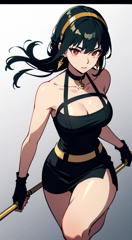 Top quality、masterpiece、High resolution、1 Girl、(((Large Breasts、Low-cut，Cleavage, Wide hips,)))Long legs , short and small、A slender one、Thin thighs、Ayov、Black Hair、short hair long hair、Gold hair band、Red Eyes、Black skirt、gold earrings、Jewelry、、With weapons、Low posture、Attack with feet、struggle、Sleeveless、Kick it, sash, Pelvic Curtain, Arm Guard, Gloves, or