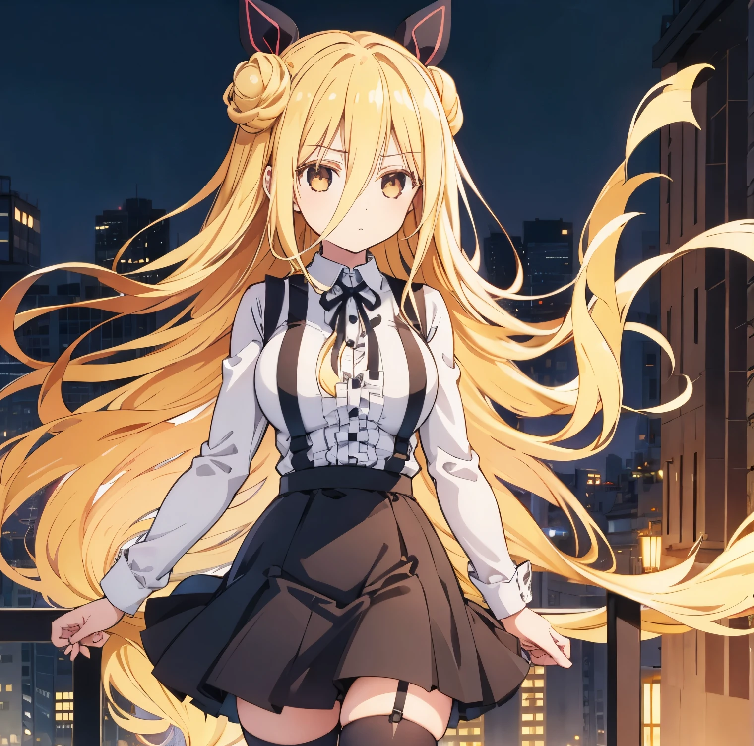 1girl , alone, Hoshimiya mukuro,,blonde hair, double bun, very long hair, long bangs, hair between eyes, (suspender skirt:1.4), black skirt, white shirt, long sleeves, striped thighhighs, outdoors, cityscape, city lights, night sky, night, aurora, standing, looking at viewer, black ribbon, center frills, (upper body:1.3), Full body, perfect hands, perfect anatomy
