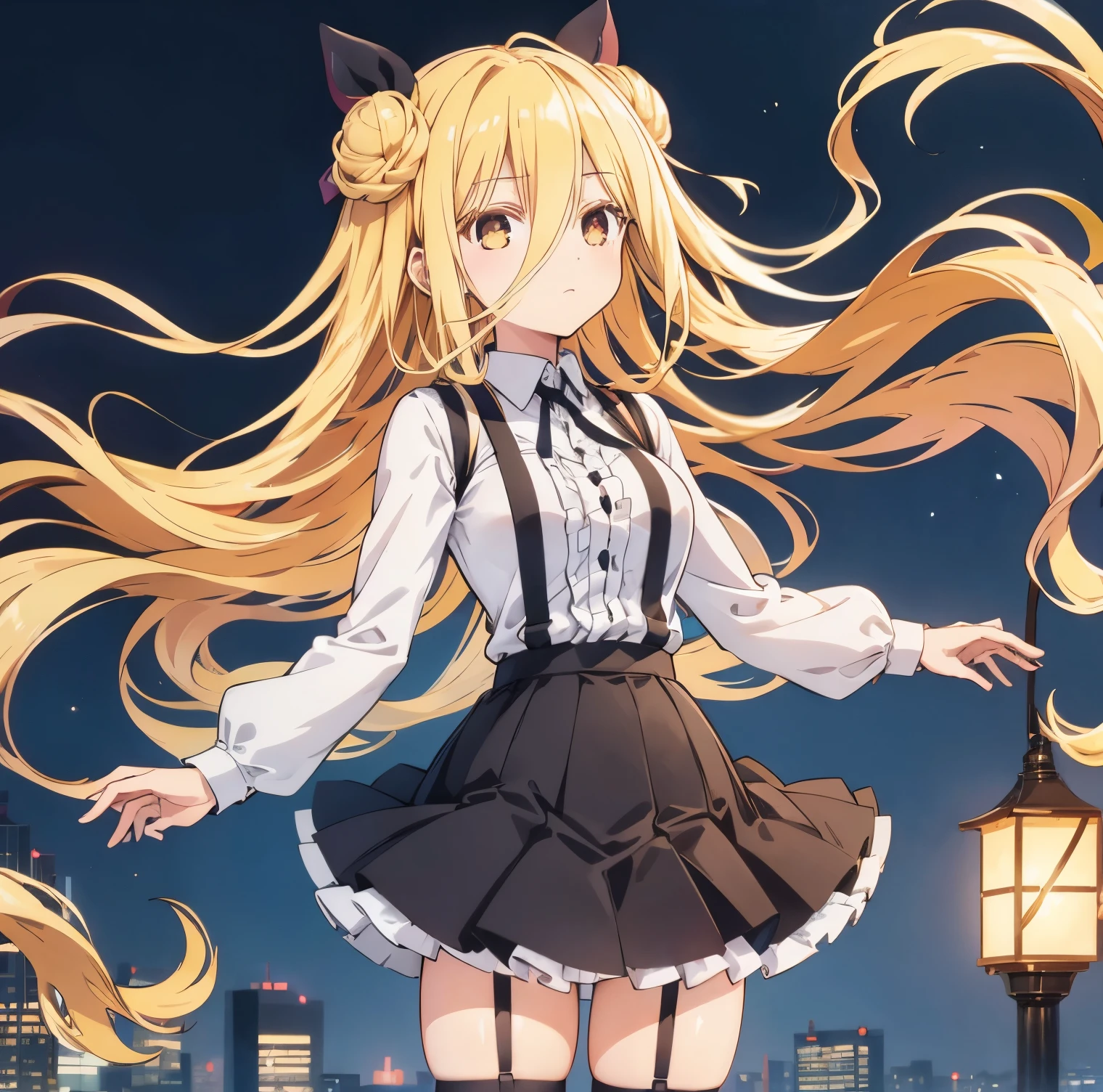 1girl , alone, Hoshimiya mukuro,,blonde hair, double bun, very long hair, long bangs, hair between eyes, (suspender skirt:1.4), black skirt, white shirt, long sleeves, striped thighhighs, outdoors, cityscape, city lights, night sky, night, aurora, standing, looking at viewer, black ribbon, center frills, (upper body:1.3), Full body, perfect hands, perfect anatomy
