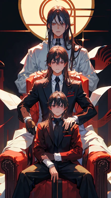 A ager boy have a dark brown hair and red eyes sitting on a throne on his hands a gloves a boss mafia and a teen boy standing besides him his consigliere a white hair had a katana on his back, like a body guard a serious face had scars on his cheek the background is mansions