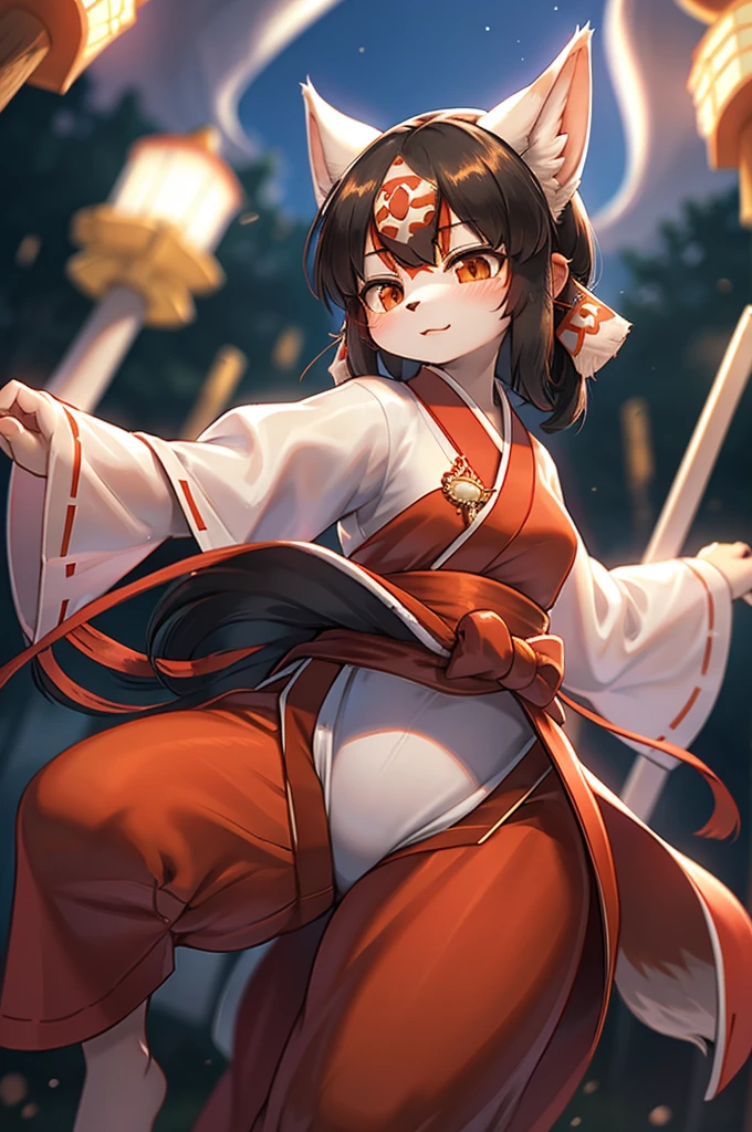 Bokeh , (blur:1.5) , dynamic angle , 1 hairy inari girl  , Short stature , realistic hairy fur , Straight black Long Hair , Round face, swollen cheeks,round eyes , neat hair ties , Japanese Shrine Maiden Clothing , (dynamic Kagura dance action:1.5) , in the Inari Shrine , Sacred offerin  , (Fly around Will-o'-the-wisp) , midnight , in front fox