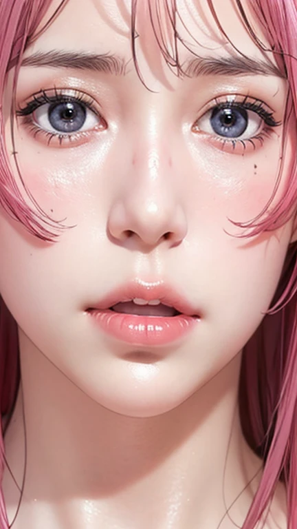 Ultra realistic, open shot, best quality, dream aesthetic (a little blurry in cinematic vibrant light), ultra-detailed, fine details, high resolution (wide image), Perfect dynamic composition, illuminated pale skin, perfect shading, beautiful (realistic) detailed clear eyes, naked, pantyhose, pale-pink hair, long messy (silky) hair (pale pink), hair fringe, natural big breasts (nude), Natural Color Lip, face with pleasure and fatigue expression, Random and sensual poses, bedroom (background unfocused)、20 year old、dream atmosphere