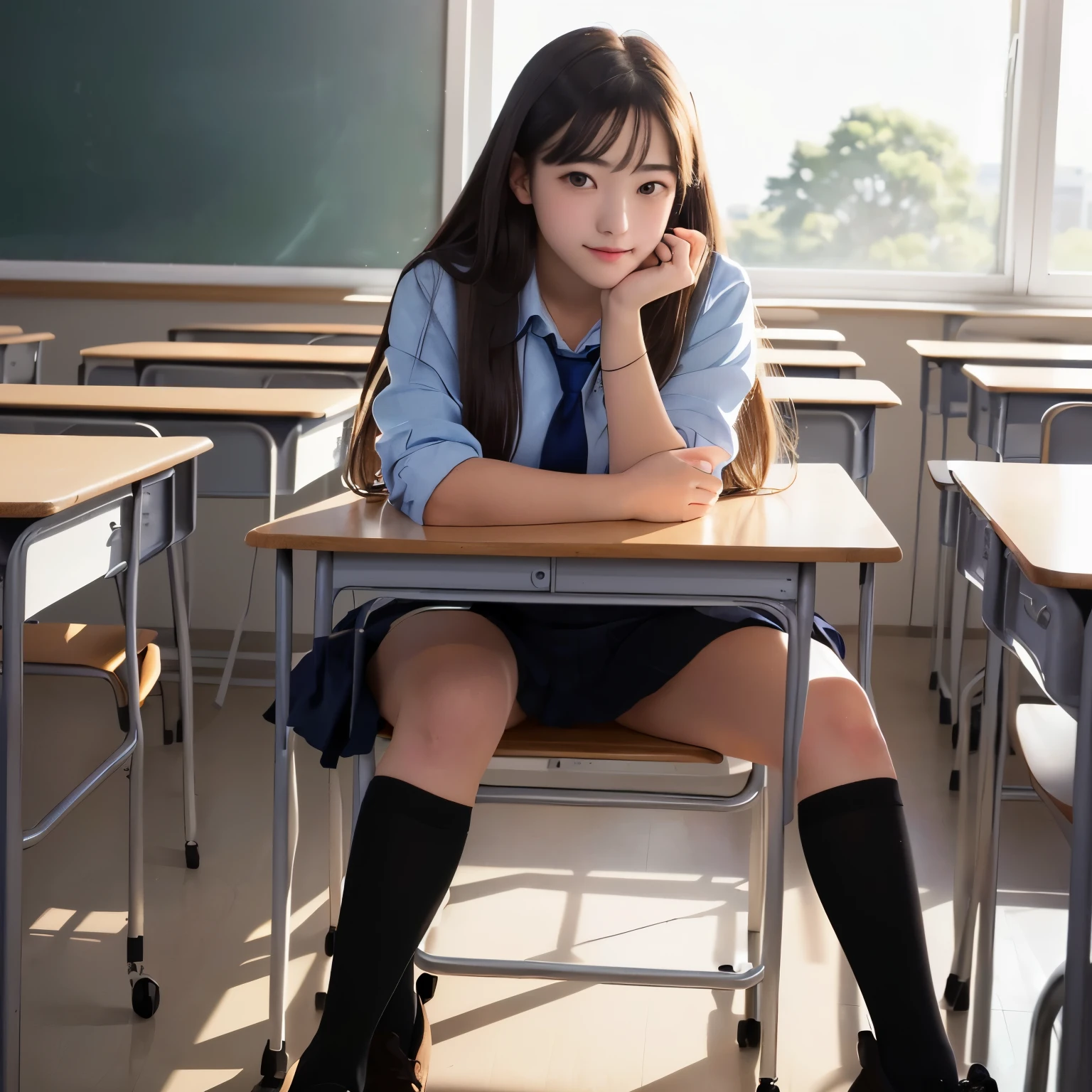 girl sitting on a desk in a classroom with her hand on her chin, beautiful high high school girl, a hyperリアルなhigh school girl, hyperリアルなhigh school girl, Soft lighting, リアルなhigh school girl, seductive girl, cute , high school girl, visual of a cute girl, cute
