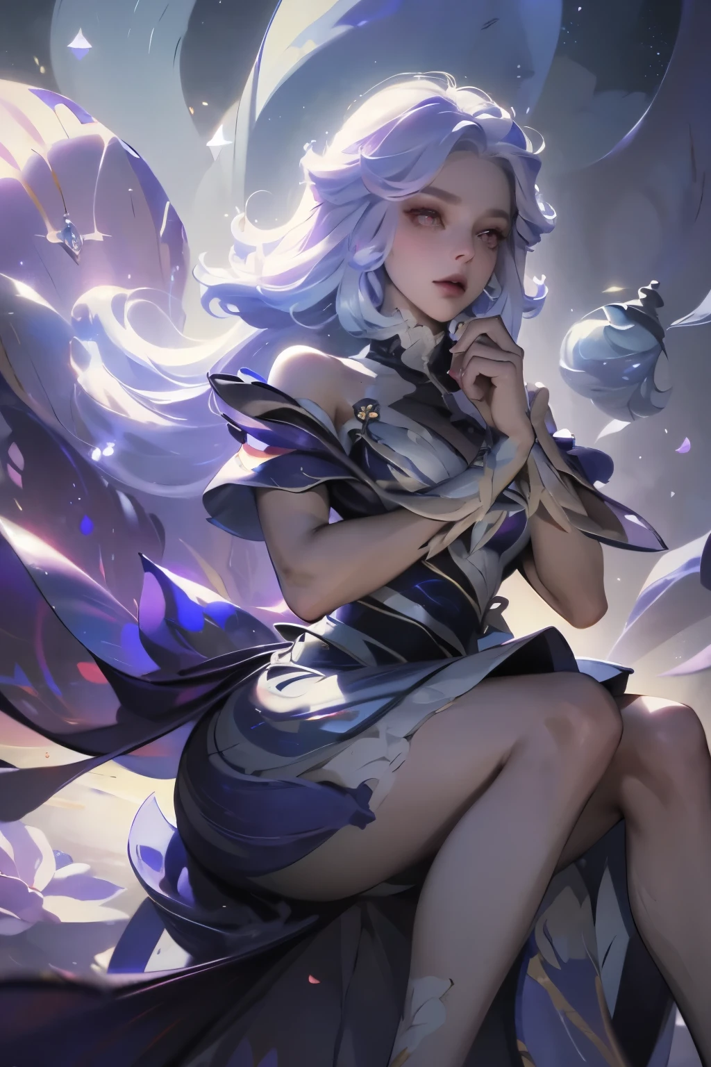1 Girl, long_hair, bright_hair_color, Tempting_Eye, mystery_Express, Mature_appearance, Glamorous_Full set of clothing, flow_skirt, elegant_Jewelry, Wheels within wheels_decorate, magic_symbol, Luminescence_Accessories, potion, reel, Lovely_accent, bow, ribbon, Flowers,
