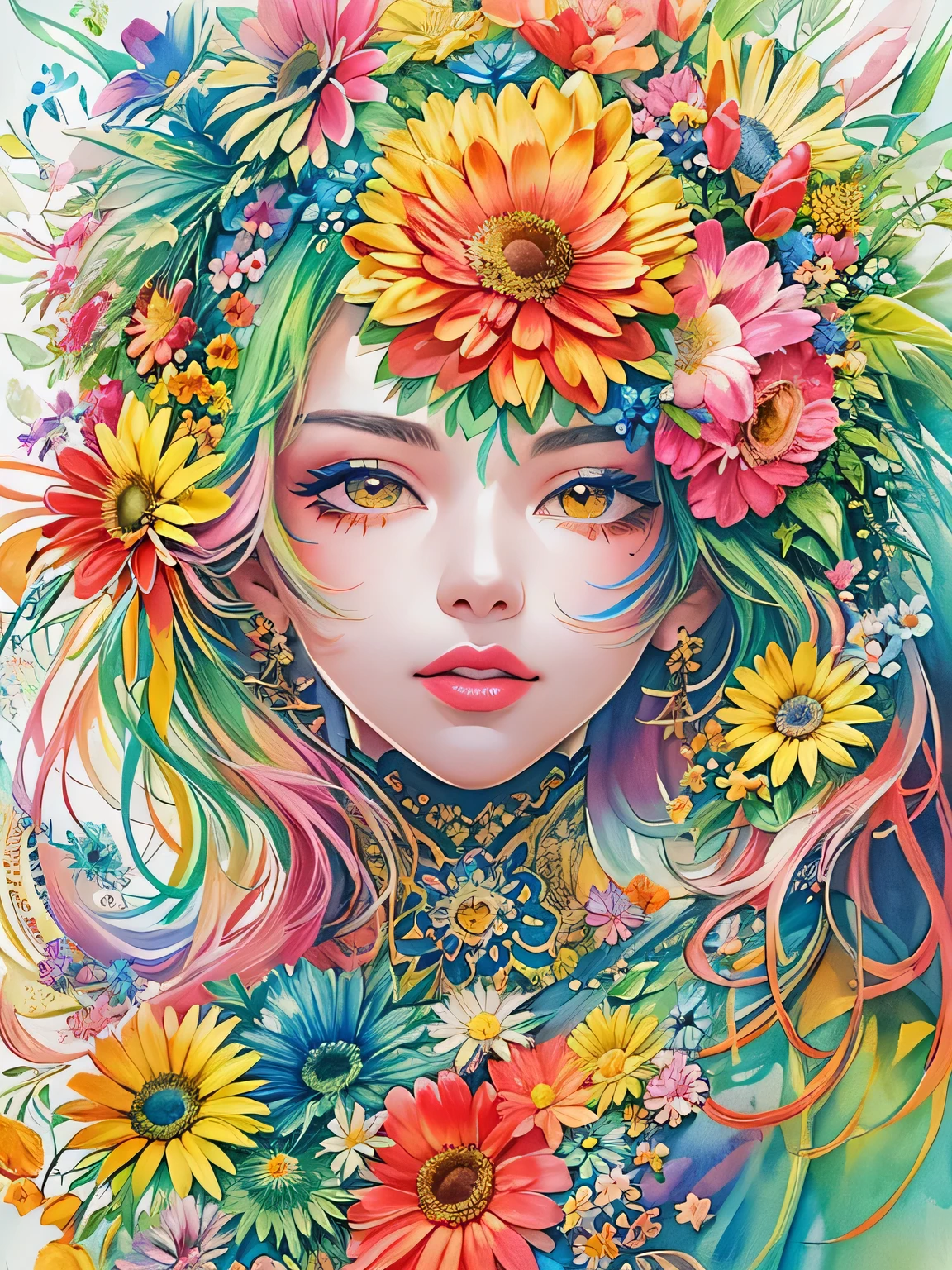 Masayo Style、(((stylish fashion))), 8K Quality、Intense watercolor, Detailed watercolor art, Watercolor splash, Surreal, avant-garde pop art, Beautiful and expressive paintings, Beautiful artwork illustration, Very colorful tones, wonderful, Cool beauty, highest quality、Official Art, Vector art, Stylish design, (((The most beautiful girl))), (((highest quality))), HDR, ((detailed)), (((Doodle Art)), ((masterpiece)), ((Super detailed)), (((Colorful flowers))),(((Stylish))),