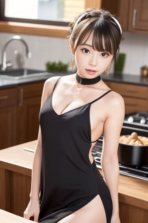 masterpiece, yor, 1girl, Bust A Cup, Amazing Cleavage:1.0, thin waist, big ass, Raised sexy, small breast: 1.2 posed cleavage:1.2、solo, looking at viewer, open mouth, have a cute grass of cute beergrass,black hair, red eyes, dress, bare shoulders, jewelry, collarbone, sidelocks, hairband, earrings, indoors, off shoulder, :o, sweater, arms behind back, plant, short hair with long locks, white hairband, off-shoulder dress, sweater dress, off-shoulder sweater, red sweater, big side hair, very long side hair,is rendered in (masterpiece: 1.2, best quality), with (ultra high resolution) and an exquisite (depth of field). This masterpiece is not only visually stunning but also tells,A scene of cooking in the kitchen