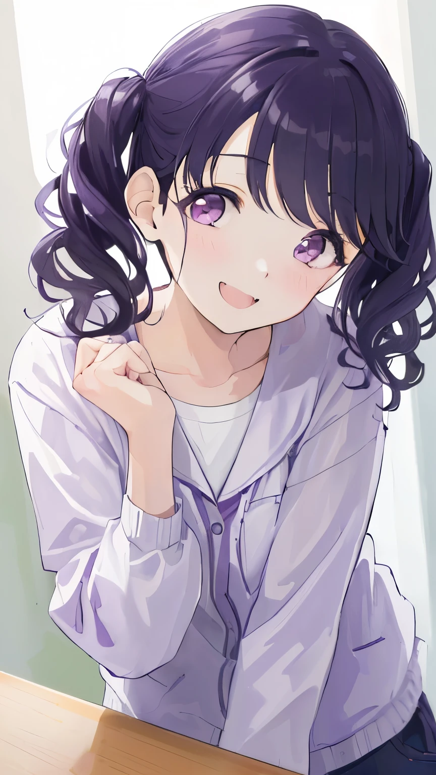 (((masterpiece, highest quality, High resolution,8k))),1girl,fukumaru koito, medium hair,purple black hair, twintails, purple eyes,(leaning forward:1.7),(Uncontrollable giggle),Pause