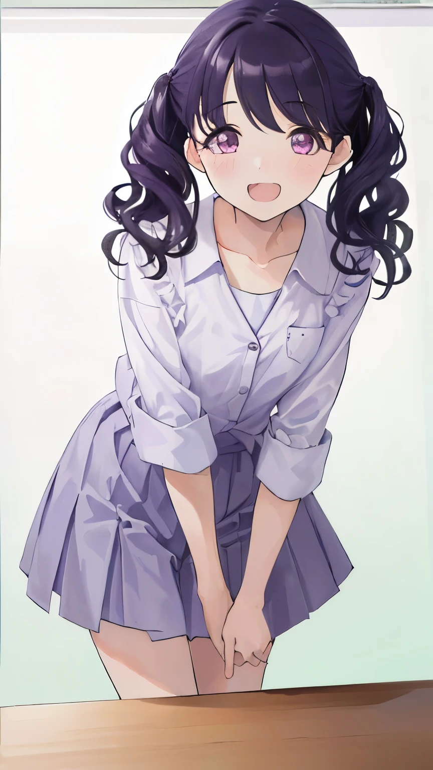 (((masterpiece, highest quality, High resolution,8k))),1girl,fukumaru koito, medium hair,purple black hair, twintails, purple eyes,(leaning forward:1.7),(Uncontrollable giggle),Pause