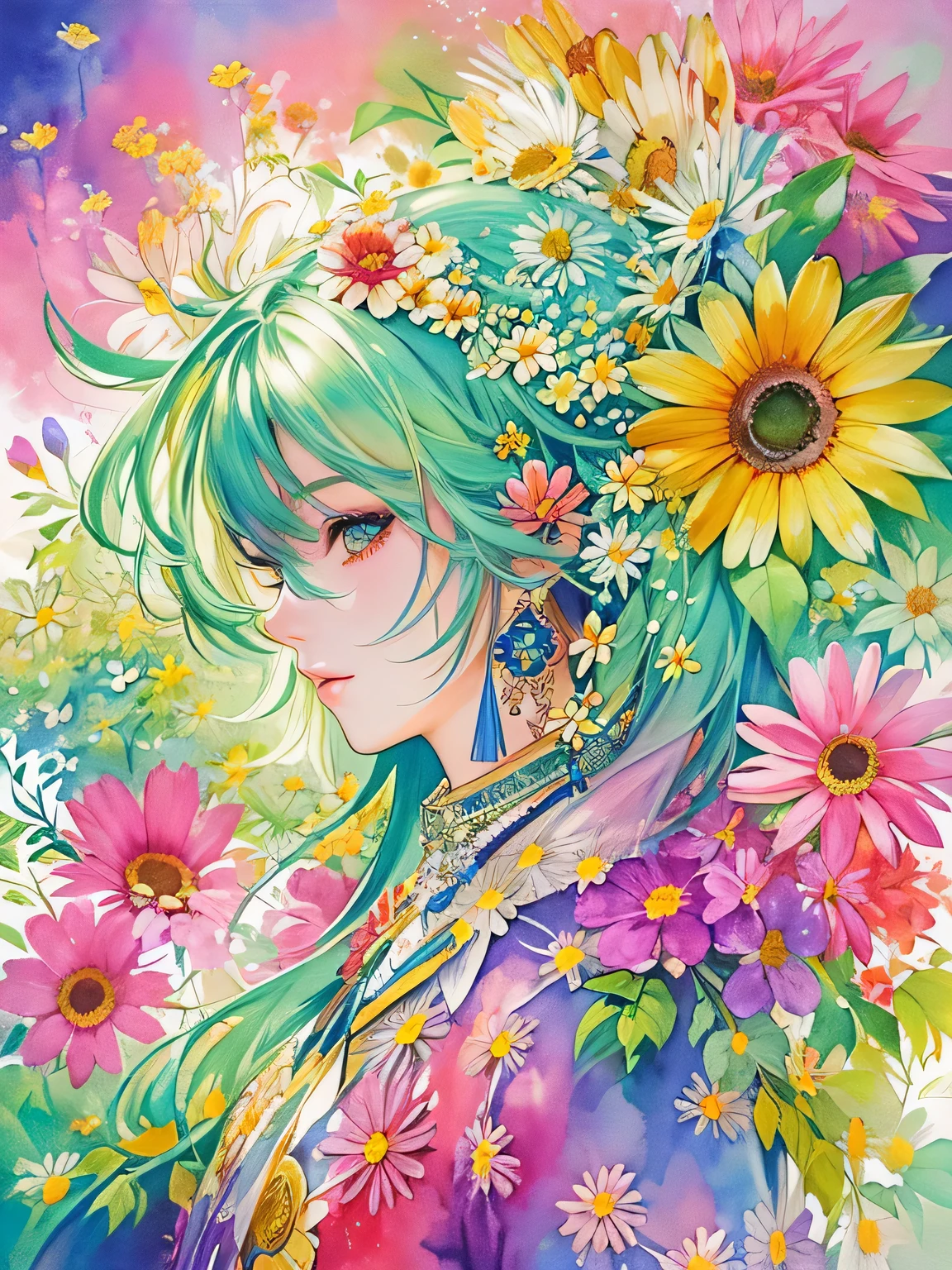 Masayo Style、(((stylish fashion))), 8K Quality、Intense watercolor, Detailed watercolor art, Watercolor splash, Surreal, avant-garde pop art, Beautiful and expressive paintings, Beautiful artwork illustration, Very colorful tones, wonderful, Cool beauty, highest quality、Official Art, Vector art, Stylish design, (((The most beautiful girl))), (((highest quality))), HDR, ((detailed)), (((Doodle Art)), ((masterpiece)), ((Super detailed)), (((Colorful flowers))),(((Stylish))),