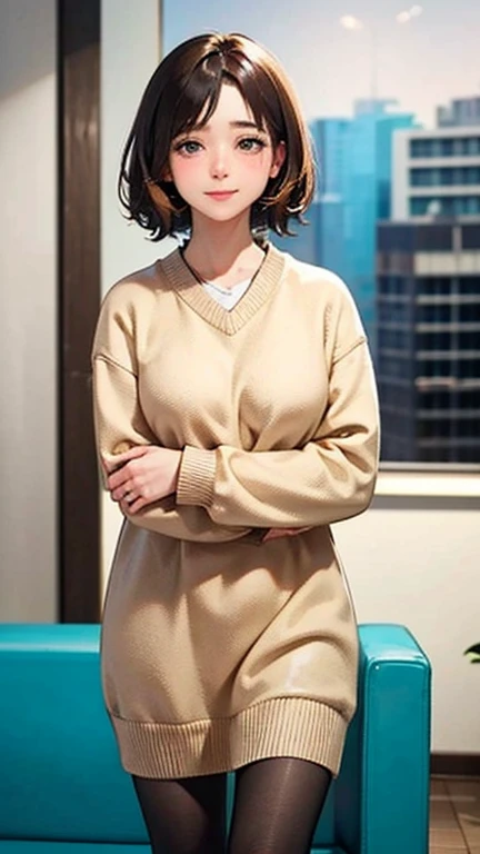 1 Woman Standing, /(Oversized sweater/) V-neck, Mature Woman, /(short hair、Light brown hair、Blonde hair/) Beautiful forehead, A gentle blushing smile, (Masterpiece of the highest quality:1.2) Delicate illustrations, super detailed, Pantyhose tearing /(Modern house living room/) indoor