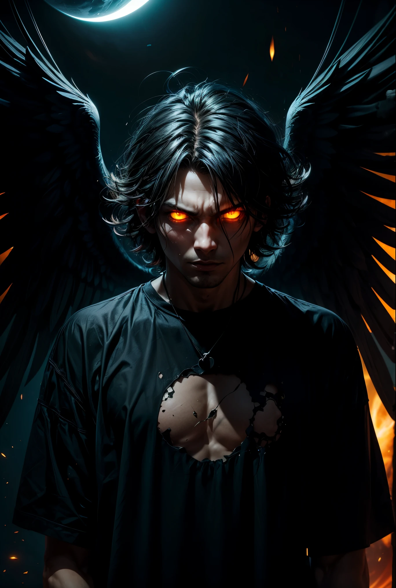 Man with messy hair, black and blue in color, wearing casual clothes, with yellow eyes, black hole aura, evil look, evil wings, angel wings