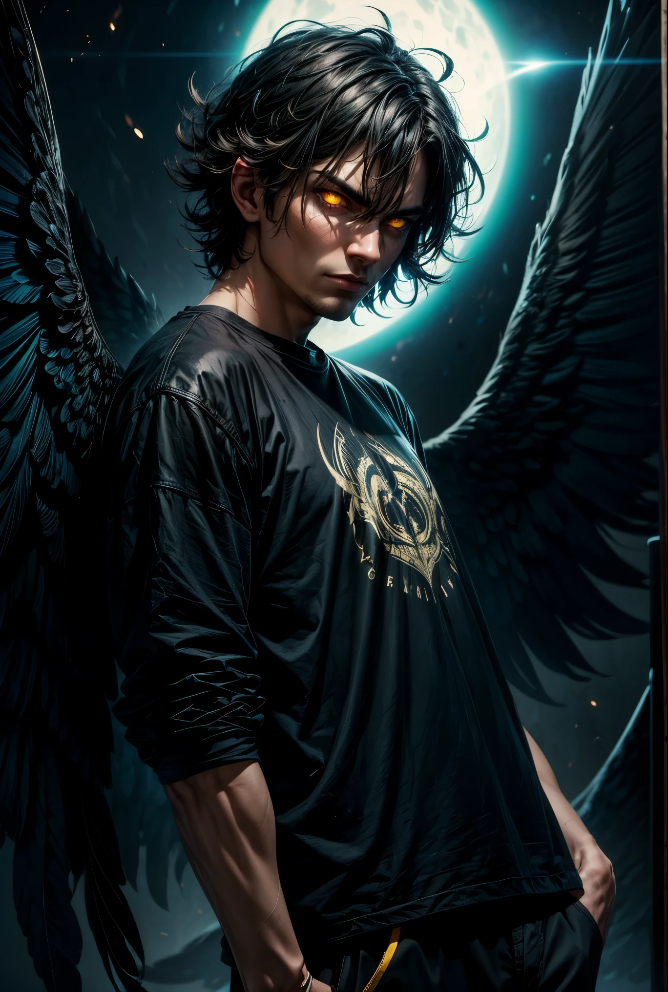 Man with messy hair, black and blue in color, wearing casual clothes, with yellow eyes, black hole aura, evil look, evil wings, angel wings