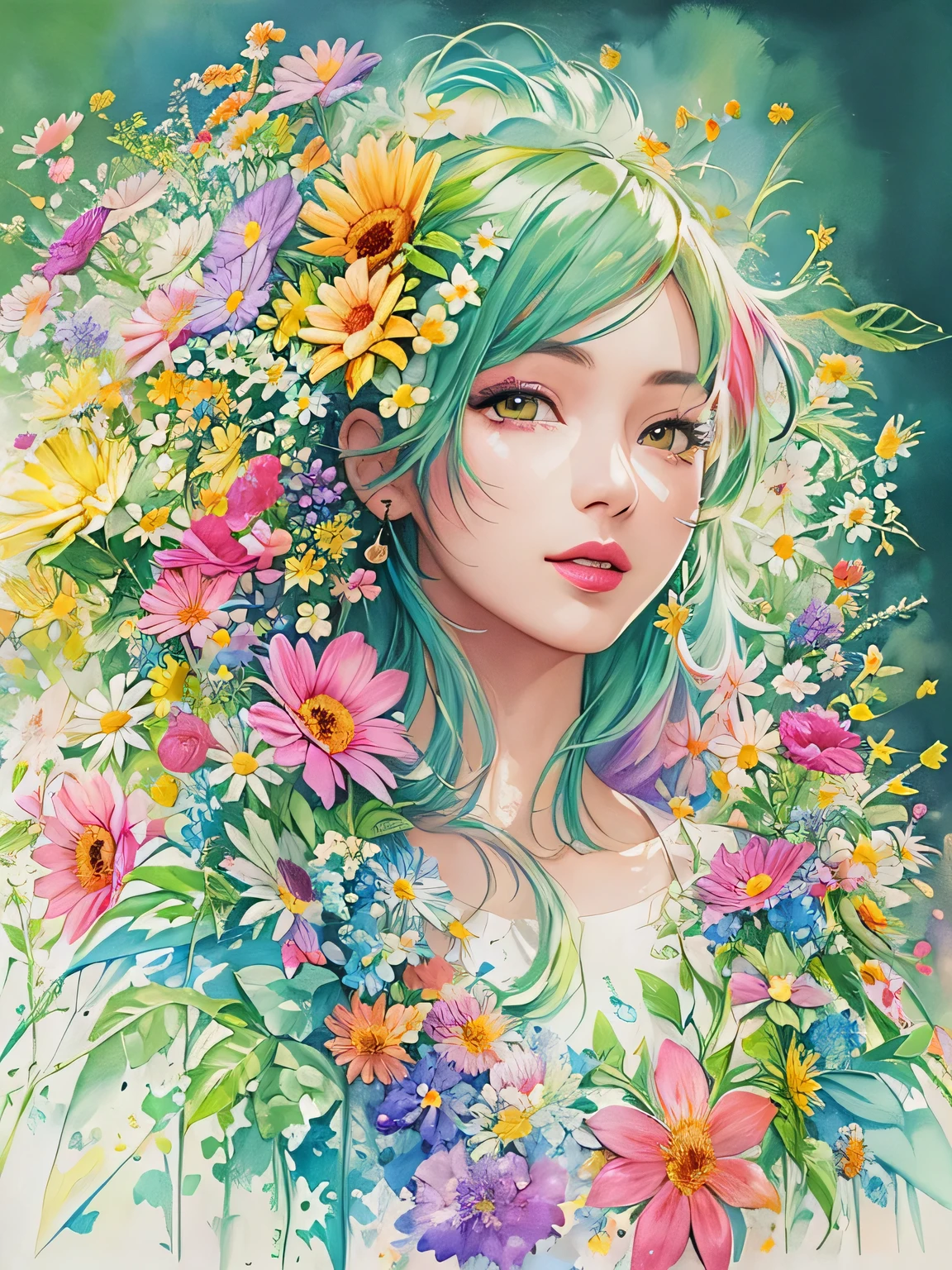 Masayo Style、(((stylish fashion))), 8K Quality、Intense watercolor, Detailed watercolor art, Watercolor splash, Surreal, avant-garde pop art, Beautiful and expressive paintings, Beautiful artwork illustration, Very colorful tones, wonderful, Cool beauty, highest quality、Official Art, Vector art, Stylish design, (((The most beautiful girl))), (((highest quality))), HDR, ((detailed)), (((Doodle Art)), ((masterpiece)), ((Super detailed)), (((Colorful flowers))),(((Stylish))),