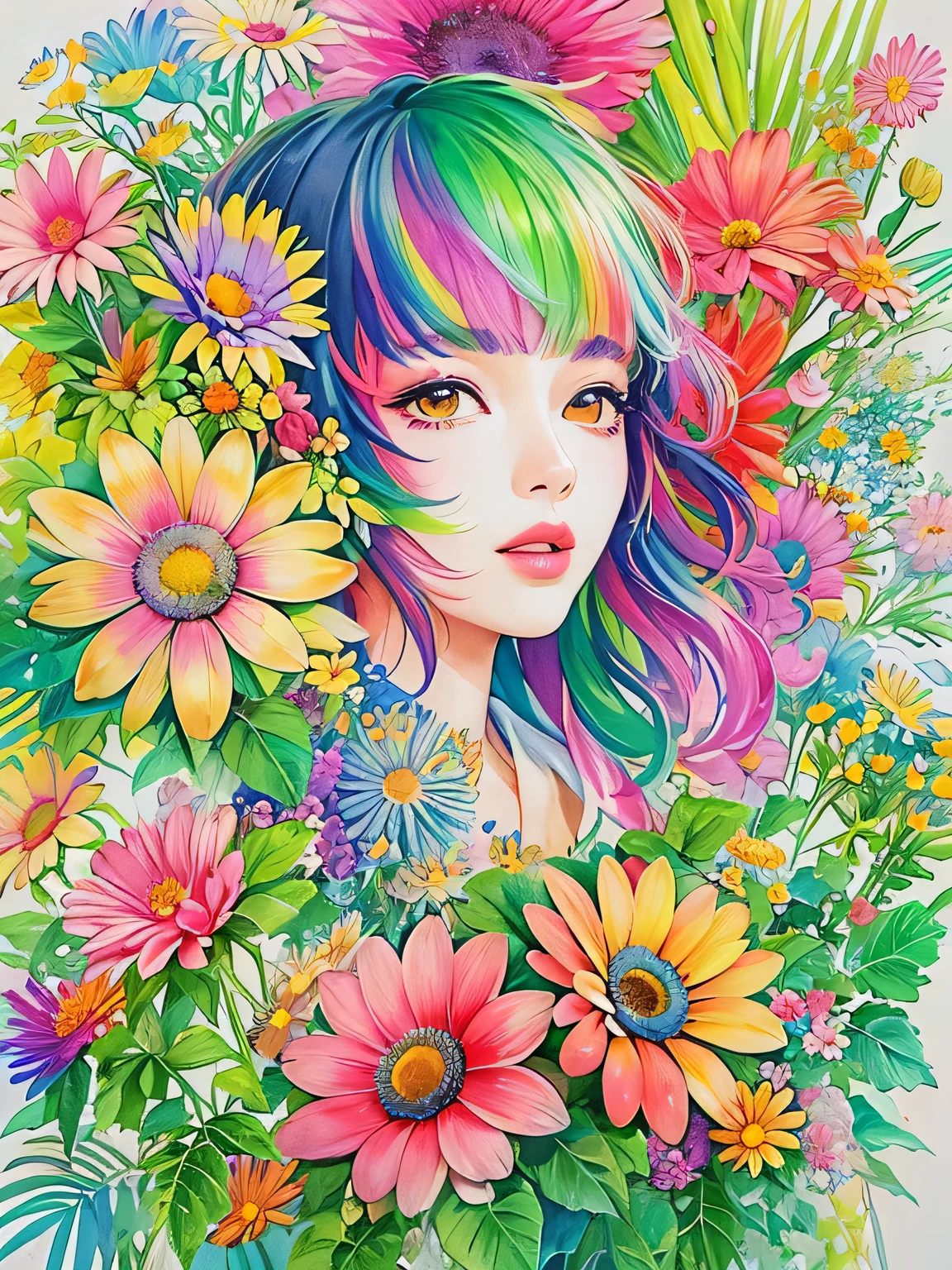 Hiromi Matsuo Style、(((stylish fashion))), 8K Quality、Intense watercolor, Detailed watercolor art, Watercolor splash, Surreal, avant-garde pop art, Beautiful and expressive paintings, Beautiful artwork illustration, Very colorful tones, wonderful, Cool beauty, highest quality、Official Art, Vector art, Stylish design, (((The most beautiful girl))), (((highest quality))), HDR, ((detailed)), (((Doodle Art)), ((masterpiece)), ((Super detailed)), (((Colorful flowers))),(((Stylish))),