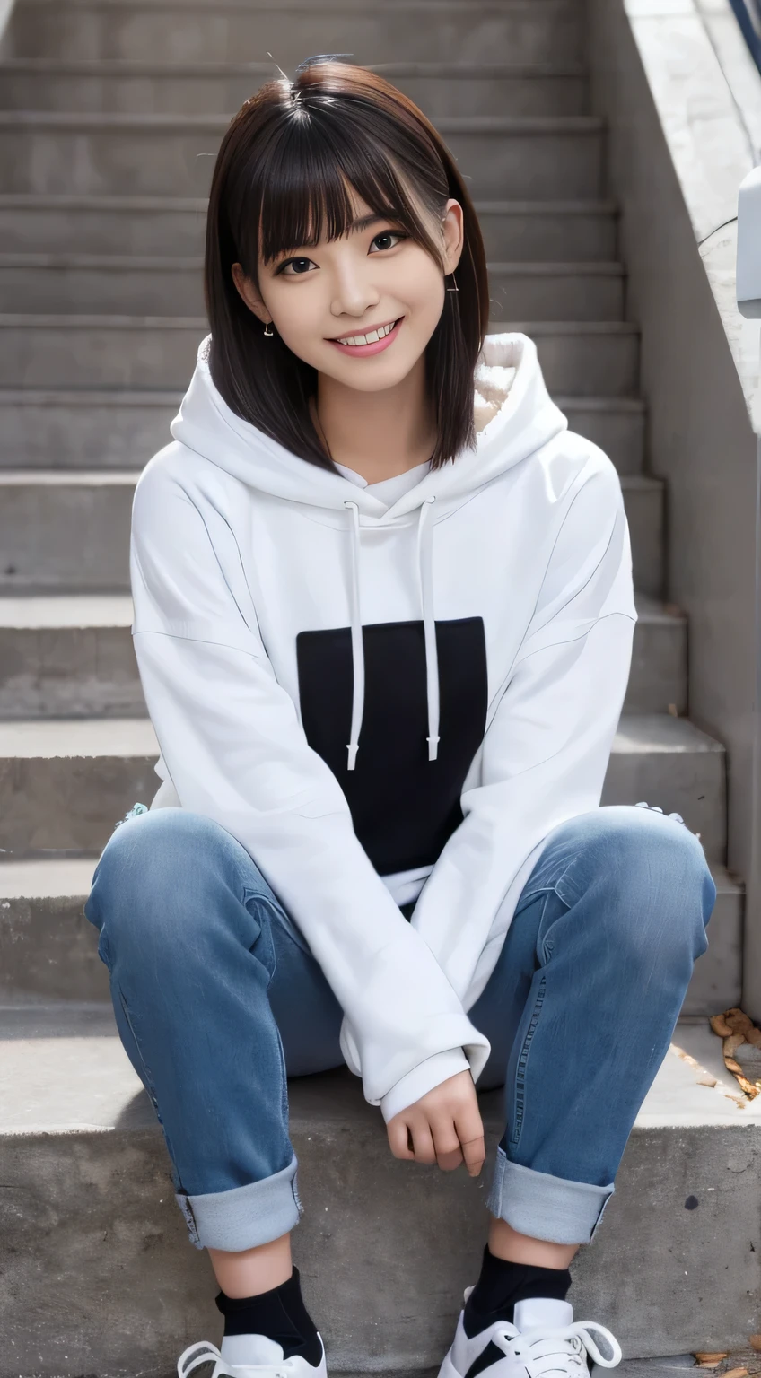 highest quality, Realistic, Very detailed, Finer details, High resolution, 8k wallpaper, One beautiful woman,Sit on the stairs、(Wear black socks)smile、(Beautiful teeth alignment、)(Gums are visible) Oversized hoodie, Skinny jeans,( Black sneakers)、Black Hair、 Beautiful Bangs、ear piercing、Perfect dynamic composition, Beautiful and detailed, Full Body Shot, A big smile