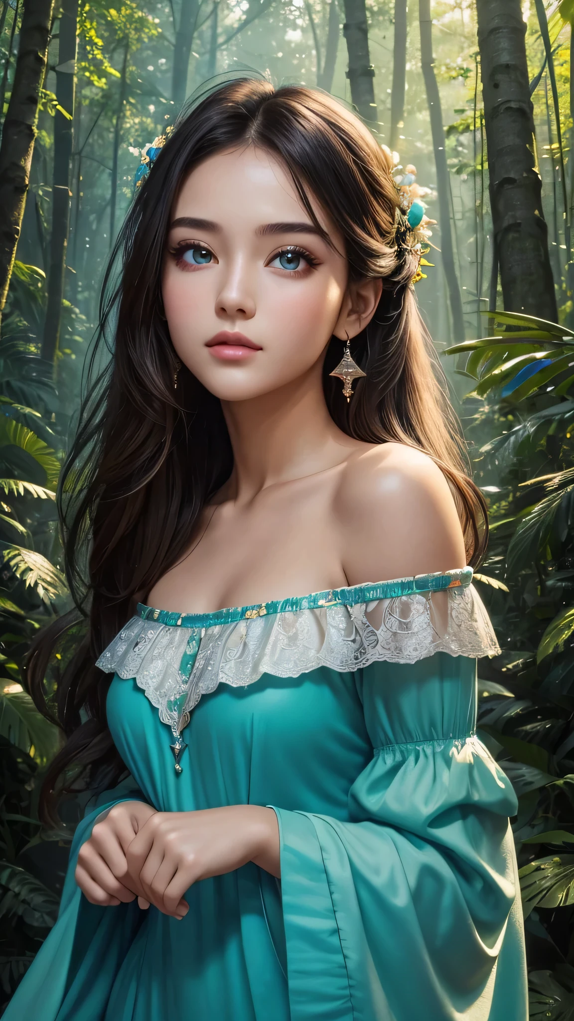 masterpiece, highest quality, Ultra-high resolution, Fluorescent color,, 1 girl, Looking at the audience, Beautiful Face, Beautiful Eyes, (Off the shoulder: 1.2), Lift your head, Upper Body, forest, Shiny Hair, Shiny skin, Shining Cut, Little, Adjusting the Finger Ratio