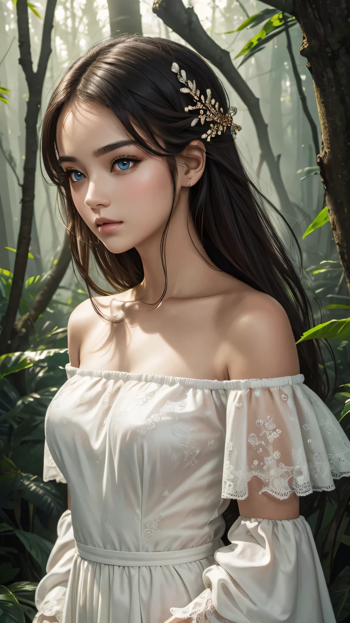 masterpiece, highest quality, Ultra-high resolution, Fluorescent color,, 1 girl, Looking at the audience, Beautiful Face, Beautiful Eyes, (Off the shoulder: 1.2), Lift your head, Upper Body, forest, Shiny Hair, Shiny skin, Shining Cut, Little, Adjusting the Finger Ratio