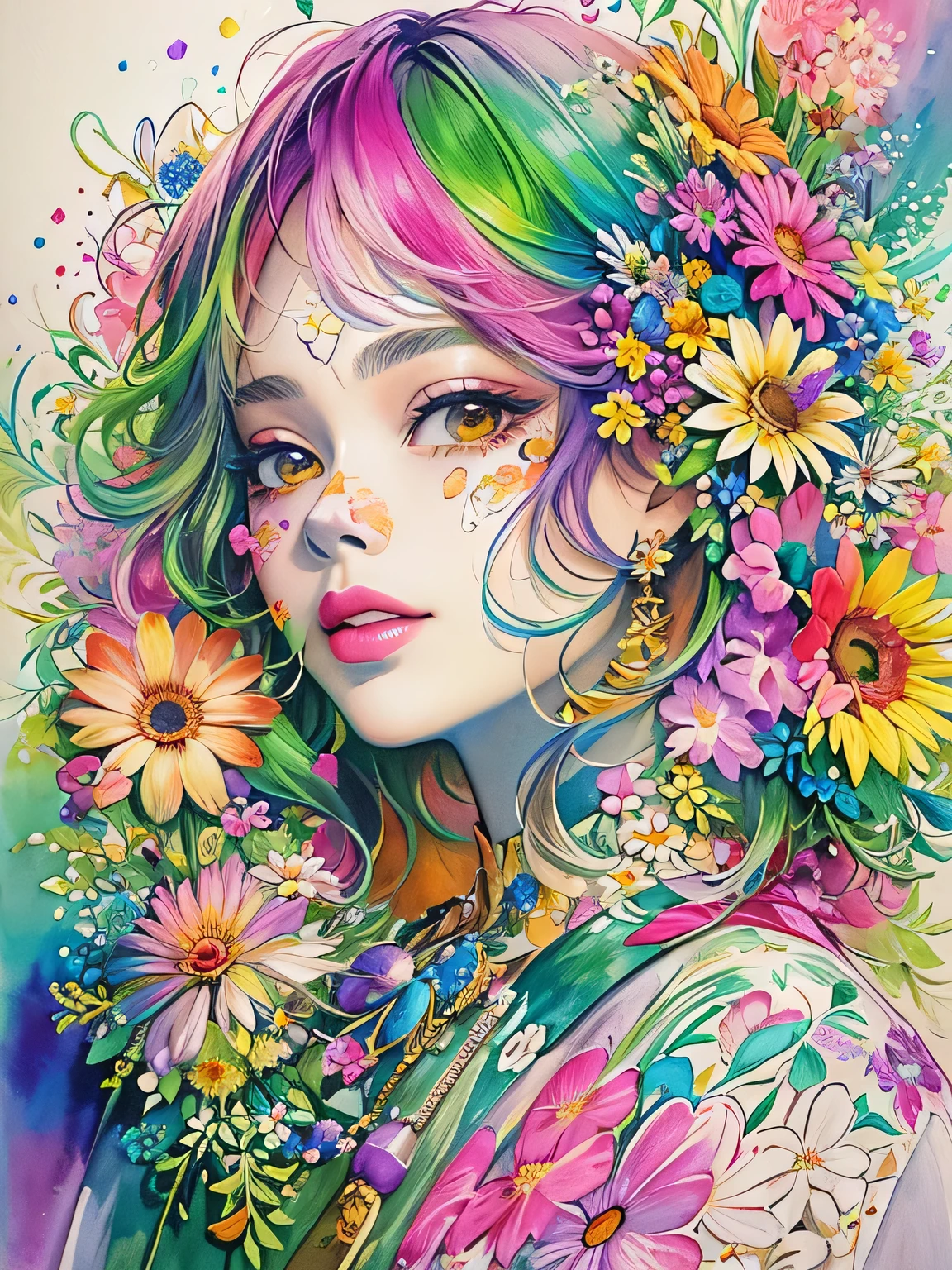 Hiromi Matsuo Style、(((stylish fashion))), 8K Quality、Intense watercolor, Detailed watercolor art, Watercolor splash, Surreal, avant-garde pop art, Beautiful and expressive paintings, Beautiful artwork illustration, Very colorful tones, wonderful, Cool beauty, highest quality、Official Art, Vector art, Stylish design, (((The most beautiful girl))), (((highest quality))), HDR, ((detailed)), (((Doodle Art)), ((masterpiece)), ((Super detailed)), (((Colorful flowers))),(((Stylish))),