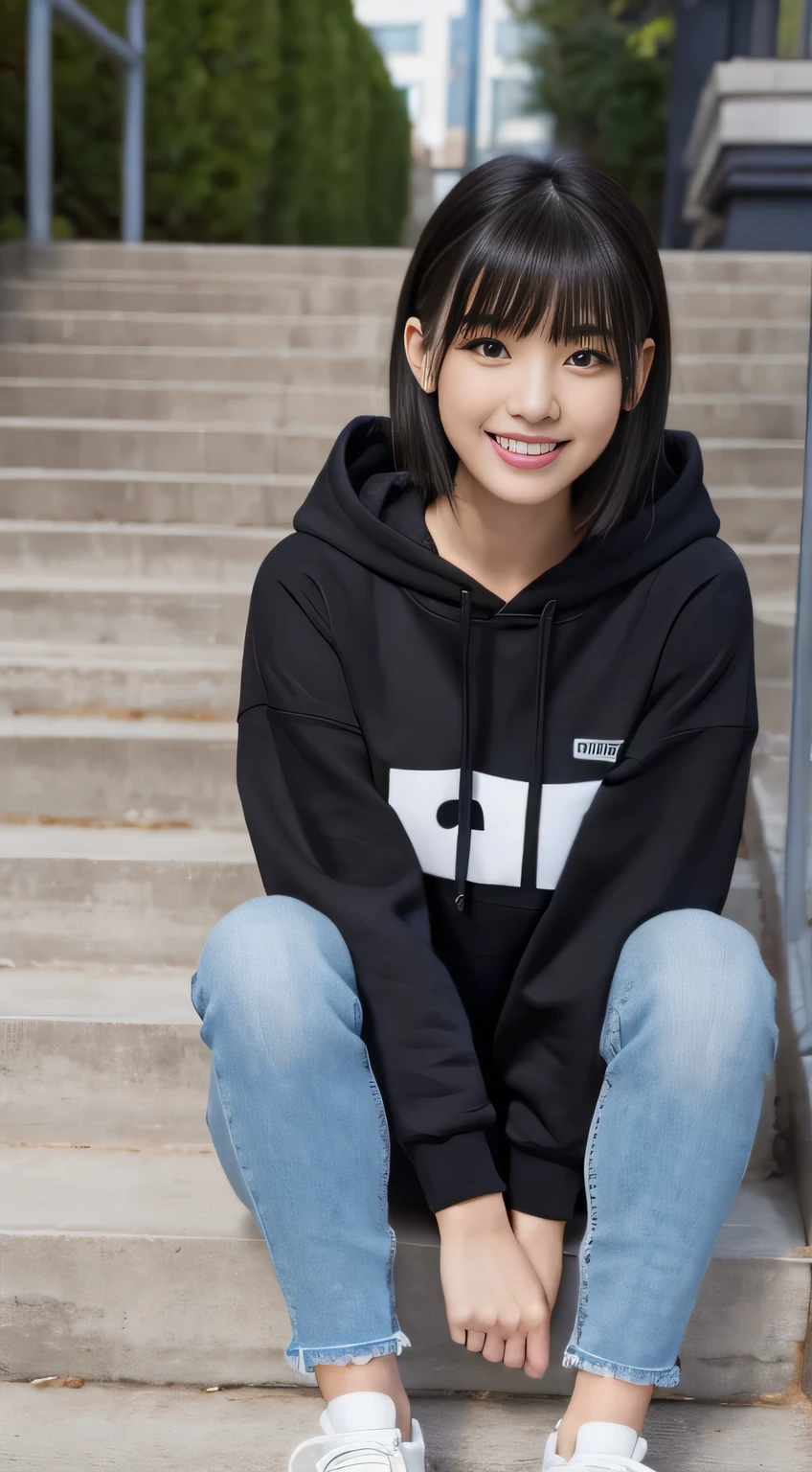 highest quality, Realistic, Very detailed, Finer details, High resolution, 8k wallpaper, One beautiful woman,Sit on the stairs、(Wear black socks)smile、(Beautiful teeth alignment、)(Gums are visible) Oversized hoodie, Skinny jeans,( Black sneakers)、Black Hair、 Beautiful Bangs、ear piercing、Perfect dynamic composition, Beautiful and detailed, Full Body Shot, A big smile