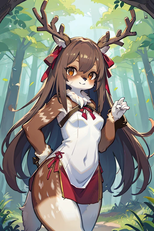 Deer girl furry brown fluffy long hair deer ears red ribbon in hair deer tail Hairy skin cute beautiful best image quality highest quality very delicate mysterious in the forest