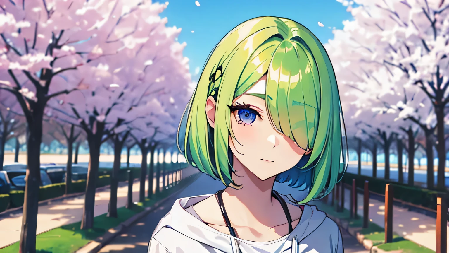 hair over one eye, White and green hair color、Short Bob、Casual girl、Hair on one eye、One Girl、White hoodie、Blue Eyes、cherry blossoms、(split-color hair, white hair, green hair:1.3