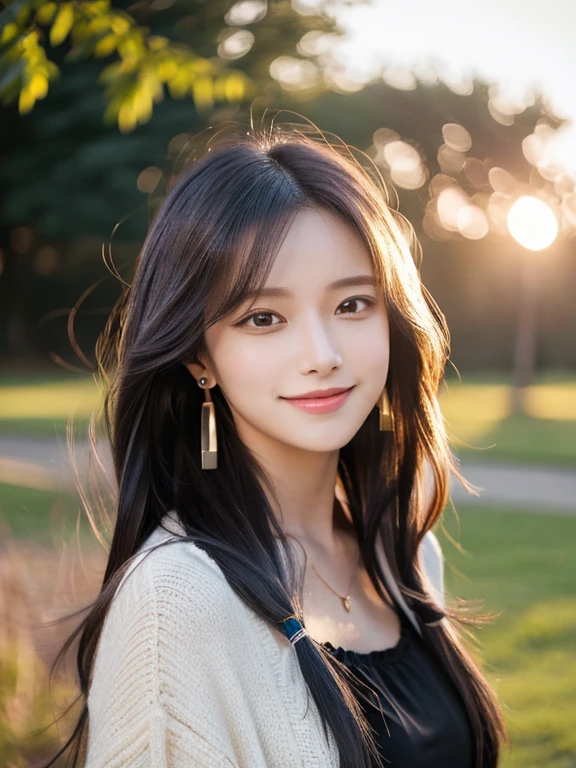 masterpiece, highest quality, High resolution,alone,Two-tone hair, Small earrings,artistic,Best lighting,casual,Flat Chest,Beautiful Face,expensive,smile,light makeup,nature,24-years-old,Calm woman,Hair blowing in the wind,Blurred Background,Face Focus,Detailed Hair,Laughing woman,Vivid fashion,Woman with tied hair,amount,Medium Hair,Forehead,night,outside
