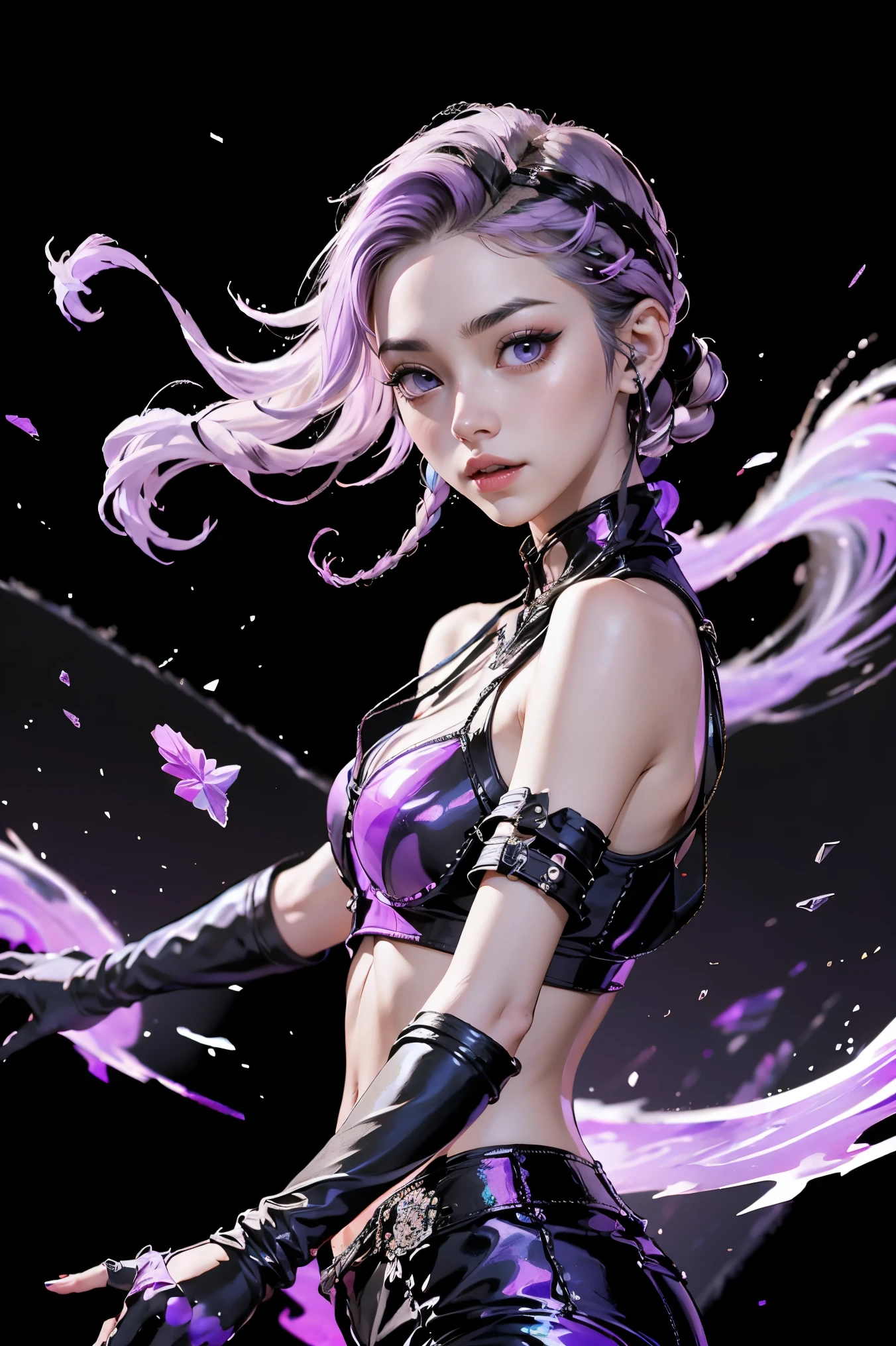 ,Best Quality, Ultra High Resolution, Cute, (KPOP Idol), (Long Twintail), (Light Purple Hair:1), ((Big Eyes)), Looking at you, BREAK ((upper body:1.3)), Front View,A character with long, flowing silver hair and a slender build, wearing a black and white outfit that includes thigh-high boots and gloves. The character is in a dynamic pose surrounded by ethereal purple crystals and energy, The character is in a dynamic pose surrounded by ethereal purple crystals and energy,A character with long, flowing purple hair, wearing a metallic top and black shorts with thigh-high boots. The outfit includes straps and belts, giving it a futuristic or fantasy style. The character is in a dynamic pose with radiant light or energy surrounding them, set against a minimalistic abstract background,
