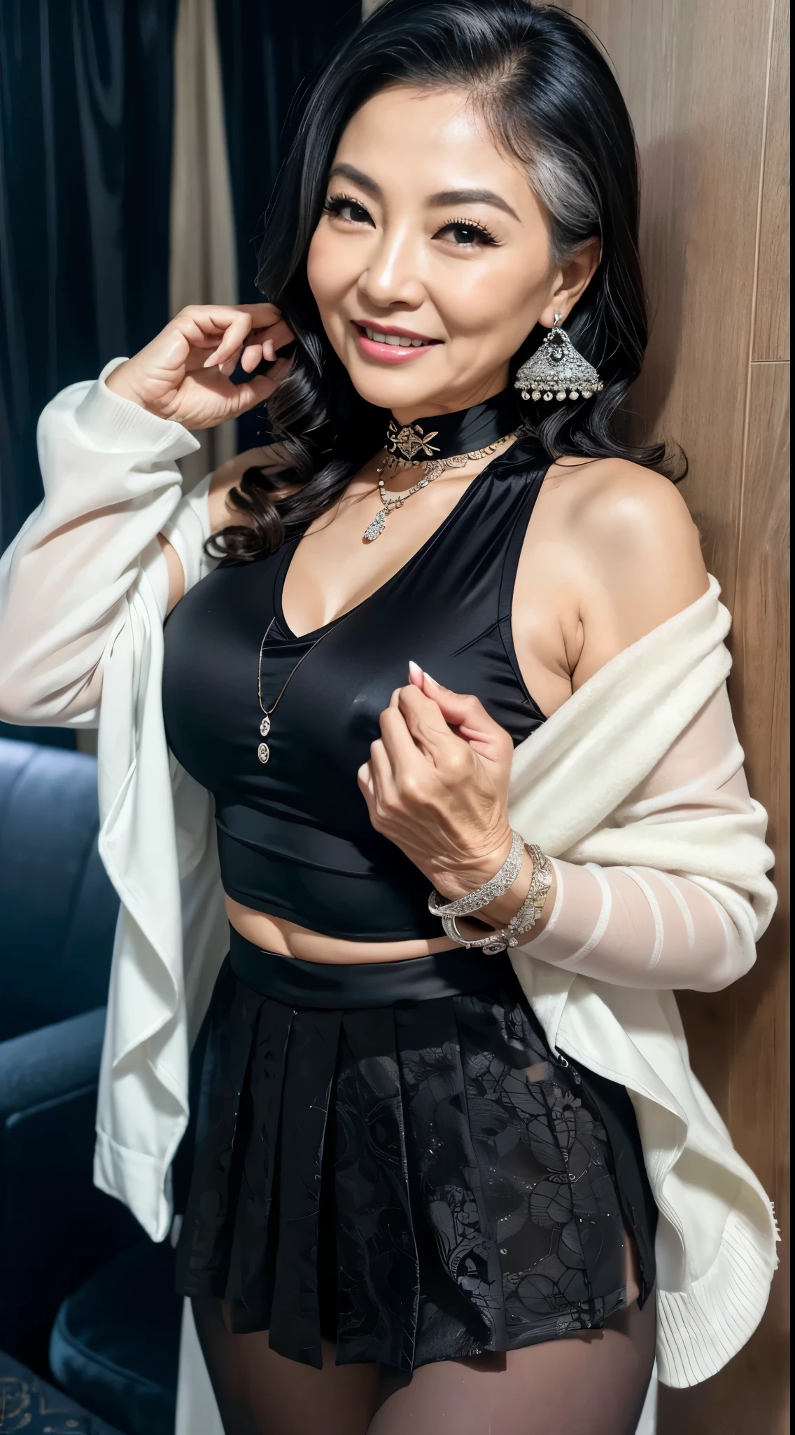75 years old　Mom　MILF　Chinese Lady　large earring　Big choker　navel piercing decoration　A bracelet　Silver Hair　realisitic　Gorgeous Madame Beautiful Mature Woman　sexy　Smile　Gentle woman navel piercing　４K　High quality hotel rooms　Gorgeous Madame Beautiful Mature Woman