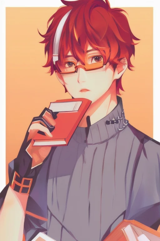 Handsome boy with glasses holding a book and a cell phone, orange - haired handsome boy,
