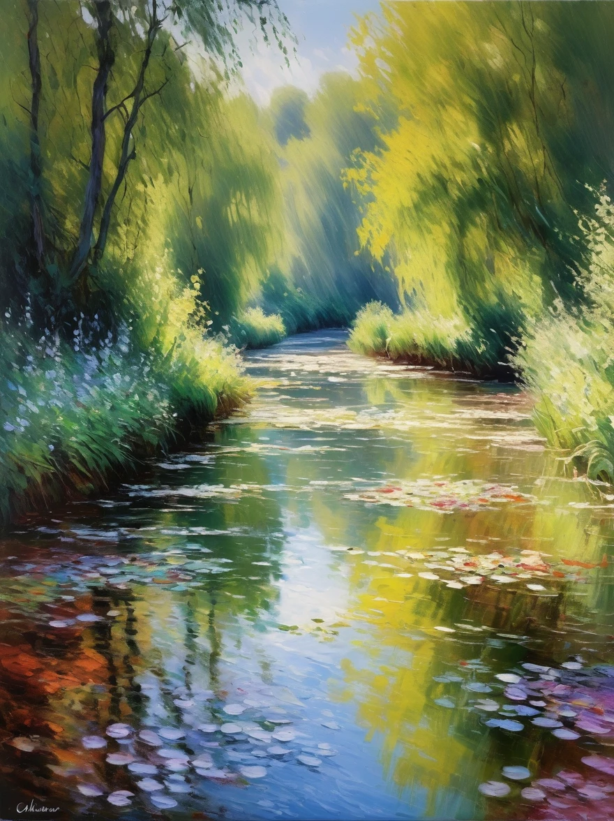 (Claude Monet Style:1.3), An image capturing the essence of motion in the style of an impressionistic painting, Use soft and hazy brushstrokes to depict moving subjects, perhaps a train in full steam, leaves fluttering in the wind or water flowing in a brook, Use several layers of short, thick strokes of pure color to achieve the intense color vibration and the illusion of spontaneous, direct observation that characterise the impressionistic technique, Handle the effects and atmosphere of the landscape more than the details, just like Claude Monet did in his works using oil paints, UHD, masterpiece, ccurate, super detail, high details, award winning, best quality, 8k