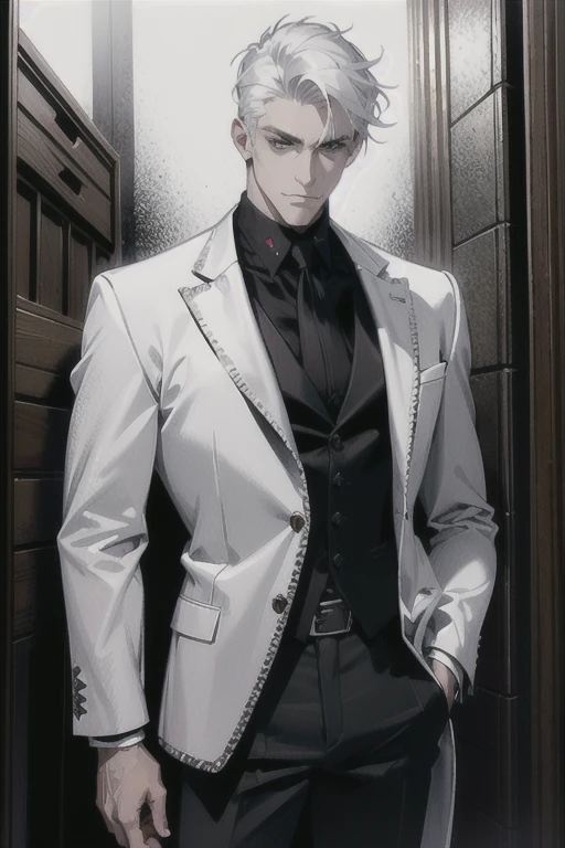 (masterpiece, best quality:1.2), (absurd res, high res, ultra detailed), 1 male, adult, handsome, tall muscular guy, broad shoulders, white hair, finely detailed eyes, portrait, looking at viewer, solo, half shot, detailed background, detailed face, (gothic), smirk, vampire, dark leather, high fantasy,, stealth, undercover, (crates in background), shadows, fog, (dutch angle), closed mouth, black pants
