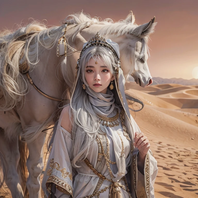 (highest quality、masterpiece、8k、Best image quality、Ultra-high resolution、Award-winning works)、A beautiful white-haired woman watches us from afar in the desert, Where light shines from the moon.、Ancient Islamic clothing、Beautiful face drawn in every detail, There's a real wolf next to her