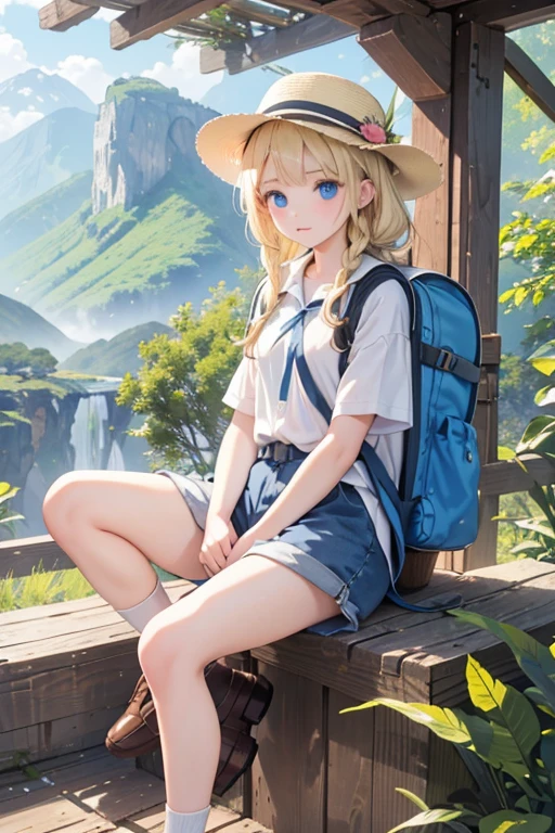 masterpiece, highest quality, High resolution, 13-year-old girl、blue eyes、
blonde、Braiding、Climbing Style、Clothes with lots of pockets、Shorts、rucksack、Thick-soled shoes、Safari Hat、Mountain climbing、Lush tree々々、The sunlight streaming in