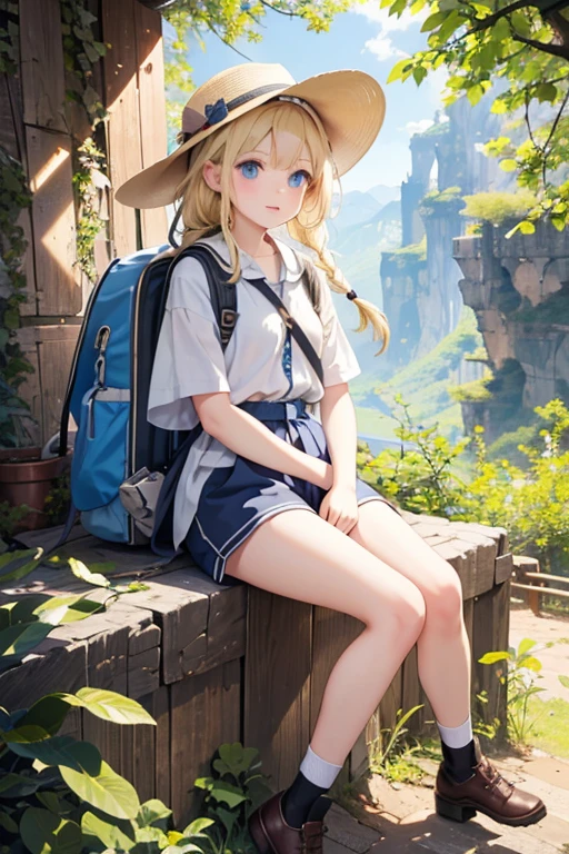 masterpiece, highest quality, High resolution, -yeld giblue eyes、
blonde、Braiding、Climbing Style、Clothes with lots of pockets、Shorts、rucksack、Thick-soled shoes、Safari Hat、Mountain climbing、Lush tree々々、The sunlight streaming in