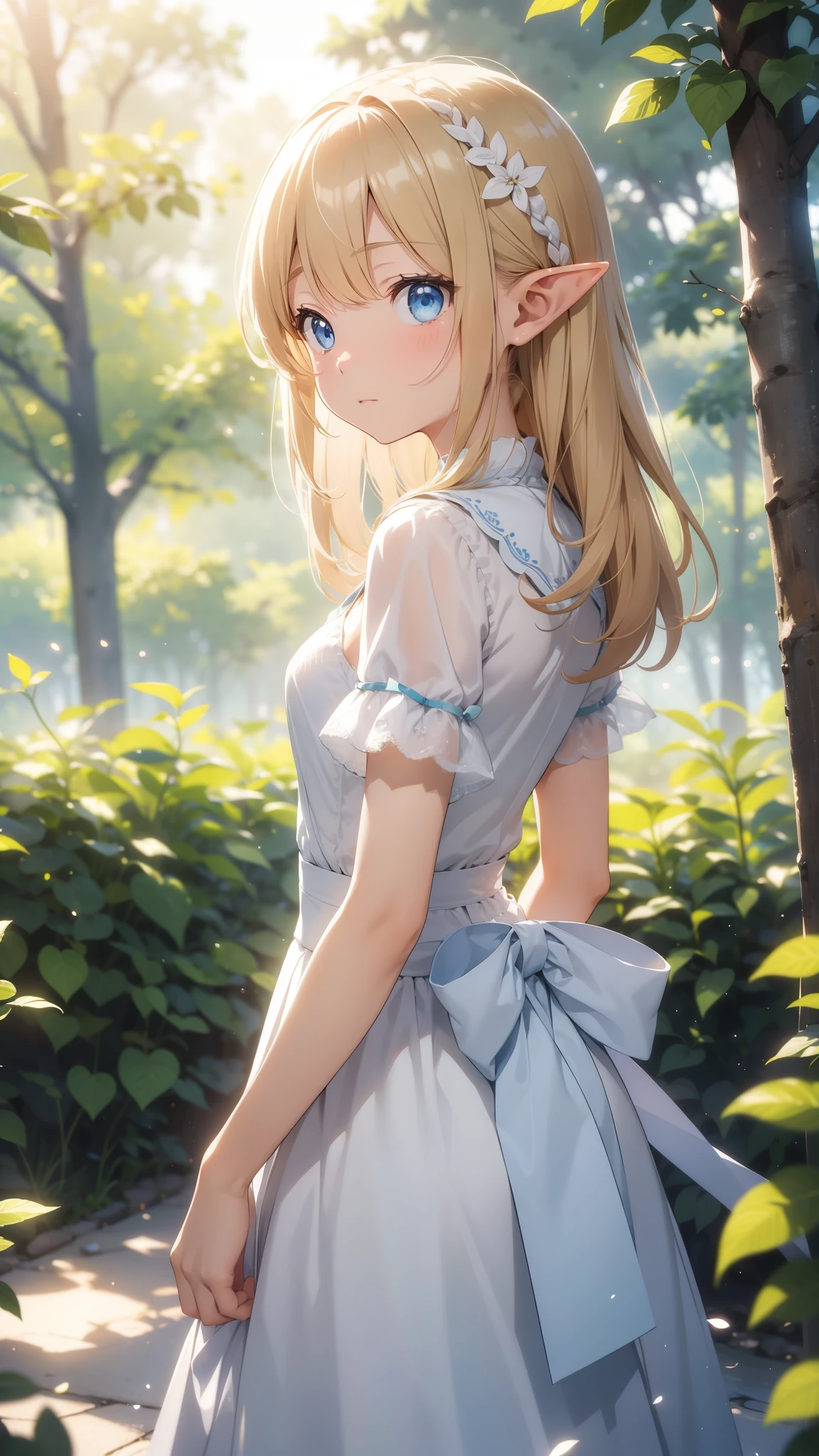 depth of field, sparkle, cinematic lighting, f/2.8, 35mm, UHD, retina, high details, high quality, highres, best quality, 4K,In a fantastic forest、Elf girl standing alone、Blonde、Blue Eyes、A fantastic outfit based on white、A fantastic atmosphere、One Girl、((He is facing forward without noticing me.))、Sad expression