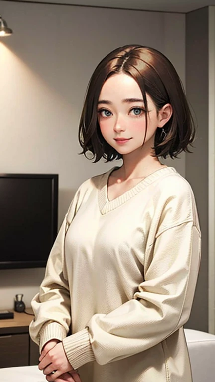 1 Woman Standing, /(Oversized sweater/) V-neck, Mature Woman, /(short hair、Light brown hair、Blonde hair/) Beautiful forehead, A gentle blushing smile, (Masterpiece of the highest quality:1.2) Delicate illustrations, super detailed, /(Modern house living room/) indoor