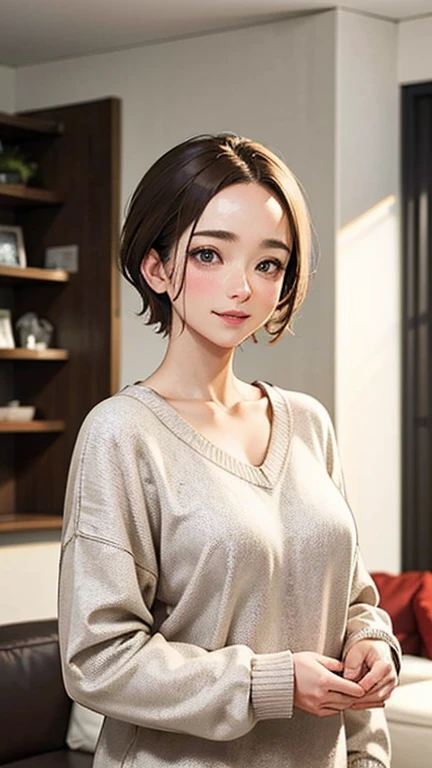 1 Woman Standing, /(Oversized sweater/) V-neck, Mature Woman, /(short hair、Light brown hair、Blonde hair/) Beautiful forehead, A gentle blushing smile, (Masterpiece of the highest quality:1.2) Delicate illustrations, super detailed, /(Modern house living room/) indoor
