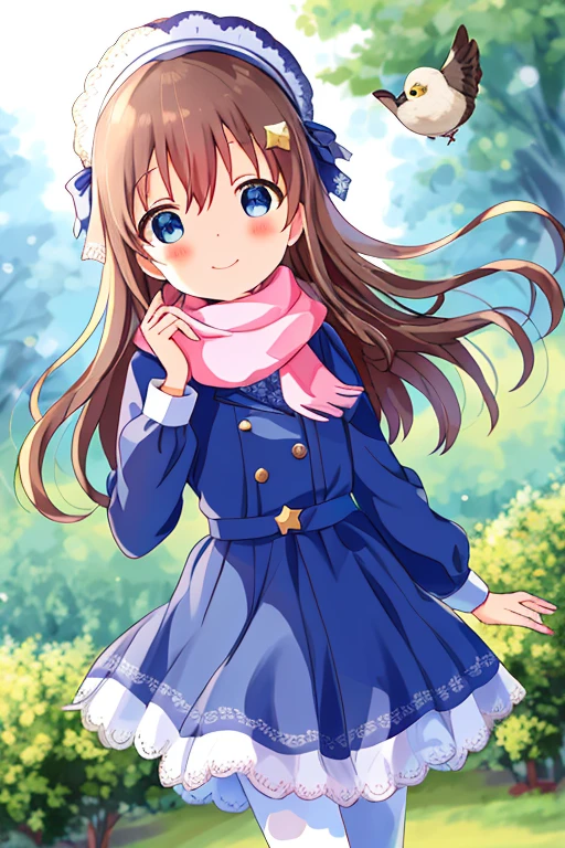 masterpiece, highest quality, masterpiece,Eyelet, One girl, Brown Hair, blue eyes, Laughing, Close one eye, blush stickers, Have, Mouth closed, boots, White Stockings, bow, bangs, blush, bird, scarf, Blue headdress, Pink bow, Black Shadow, White Pantyhose, alone, Blue clothes, Blue footwear, Blue T-shirt, Put your hand on your cheek, Hair between the eyes, Shift dress, Star hair ornament,Nature background