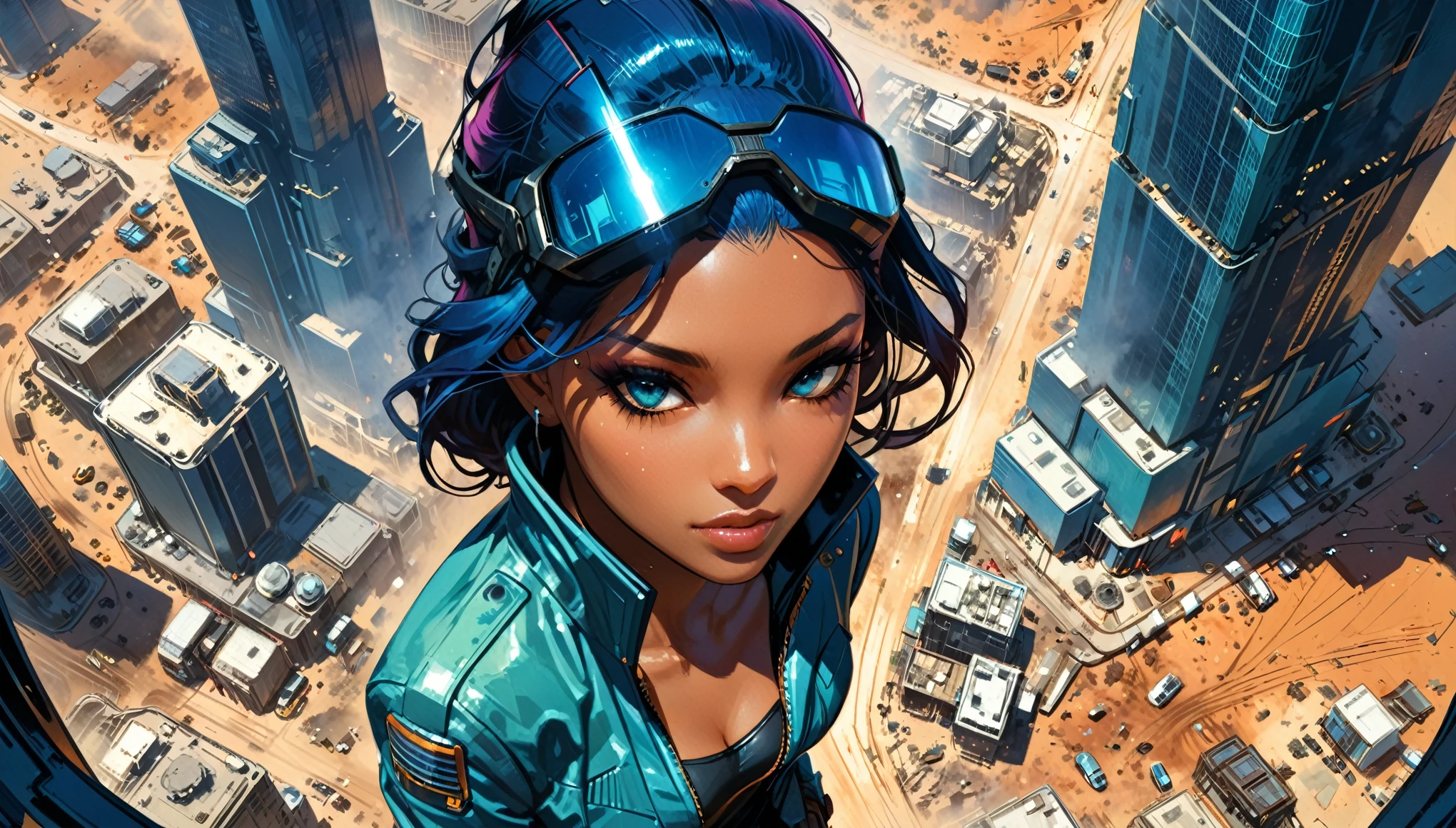 (best quality,realistic),detail face,detail eye,(in style of Brian Stelfreeze:1.4),Jeremy Mann,skyscraper,wasteland,looking_down,foreshortening,solo focus,(futuristic art style:1.2),(sci-fi art:1.5),from_above,1girl,jacket,leather pants,