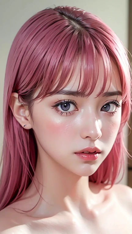 Ultra realistic, open shot, best quality, dream aesthetic (a little blurry in cinematic vibrant light), ultra-detailed, fine details, high resolution (wide image), Perfect dynamic composition, illuminated pale skin, perfect shading, beautiful (realistic) detailed clear eyes, naked, pantyhose, pale-pink hair, long messy (silky) hair (pale pink), hair fringe, natural big breasts (nude), Natural Color Lip, face with pleasure and fatigue expression, Random and sensual poses, bedroom (background unfocused)、20 year old、dream atmosphere